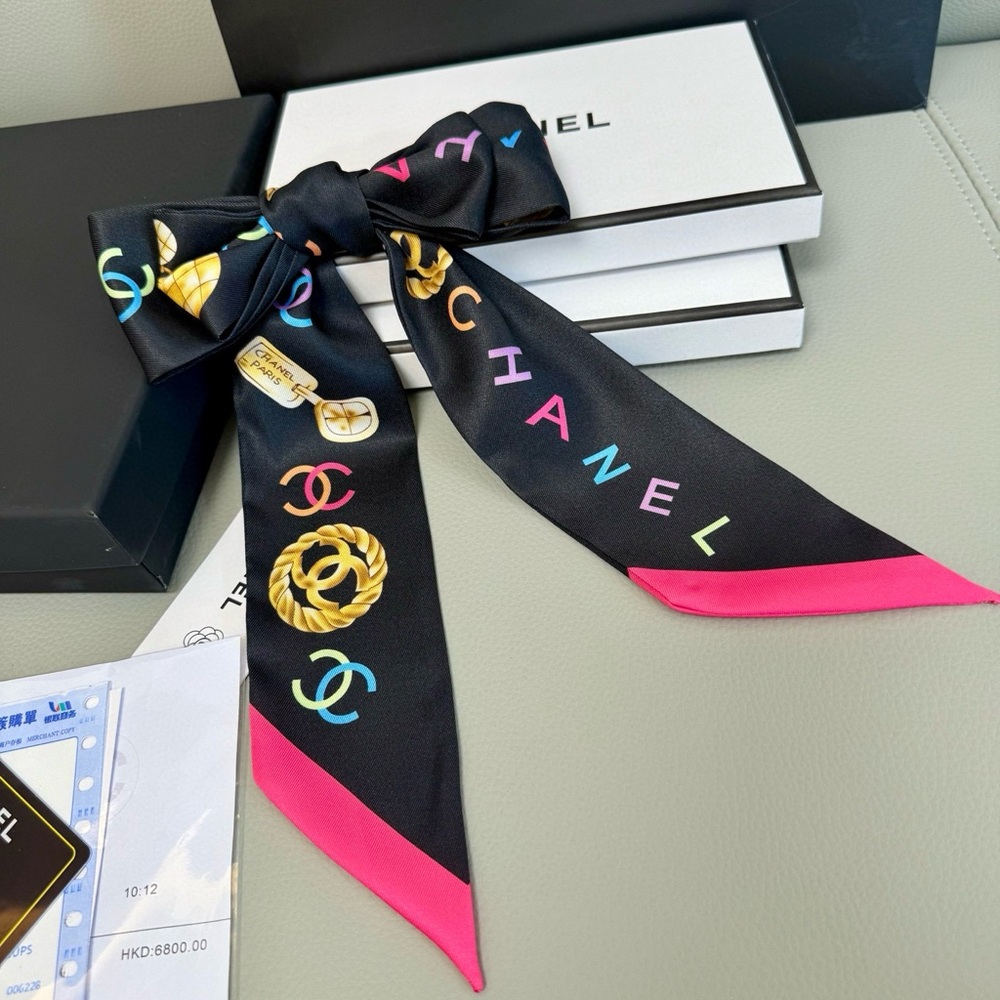 ✨Chanel Black Silk Twilly Scarf | Rainbow CC, Gold Charms & Pink Trim |